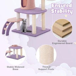 Monitasoinen kissatorni tikkailla ja raapimistolpilla - lila ja pinkki