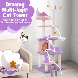 Monitasoinen kissatorni tikkailla ja raapimistolpilla - lila ja pinkki