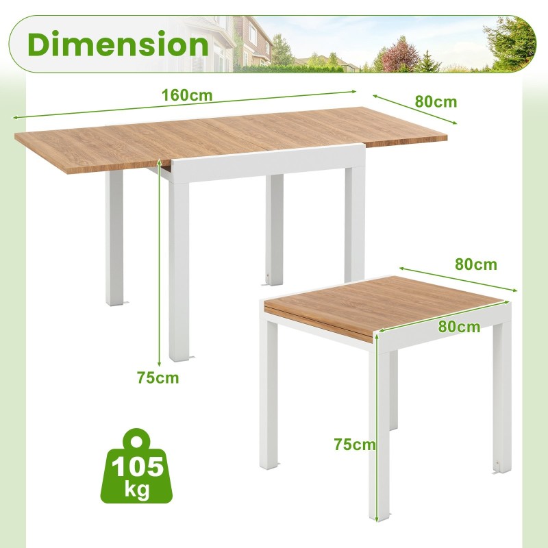 Laajennettava alumiininen ruokapöytä 4-6 hengelle, luonnollinen