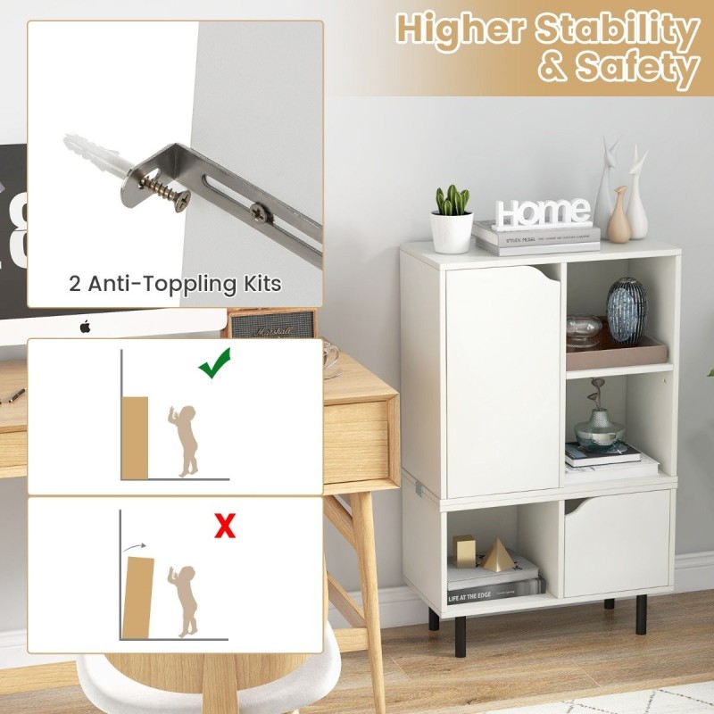 Pinottava valkoinen kirjahylly säädettävillä hyllyillä ja kuutioilla