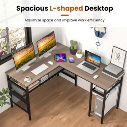 L-muotoinen harmaa työpöytä käännettävällä hyllyllä ja ritilähyllyillä