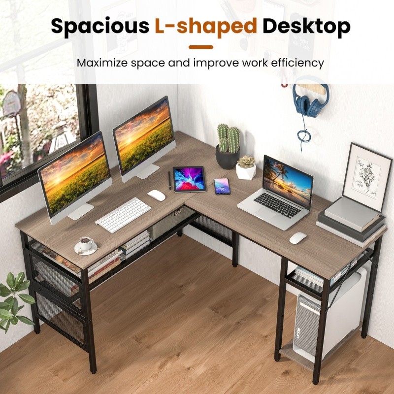 L-muotoinen harmaa työpöytä käännettävällä hyllyllä ja ritilähyllyillä