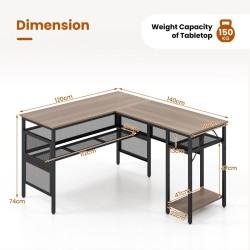 L-muotoinen harmaa työpöytä käännettävällä hyllyllä ja ritilähyllyillä