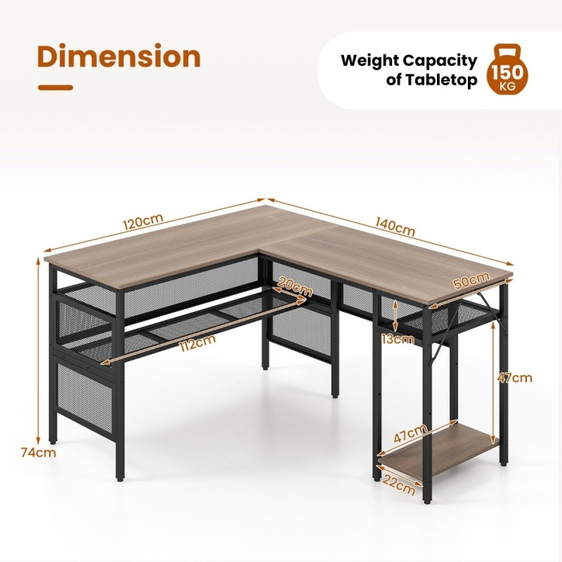 L-muotoinen harmaa työpöytä käännettävällä hyllyllä ja ritilähyllyillä