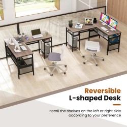 L-muotoinen harmaa työpöytä käännettävällä hyllyllä ja ritilähyllyillä