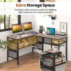 L-muotoinen harmaa työpöytä käännettävällä hyllyllä ja ritilähyllyillä