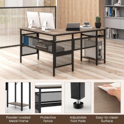 L-muotoinen harmaa työpöytä käännettävällä hyllyllä ja ritilähyllyillä