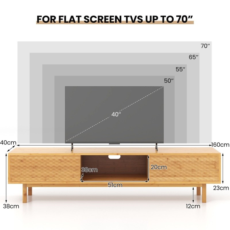 Bambusta valmistettu TV-taso liukuovilla ja säilytyslokeroilla