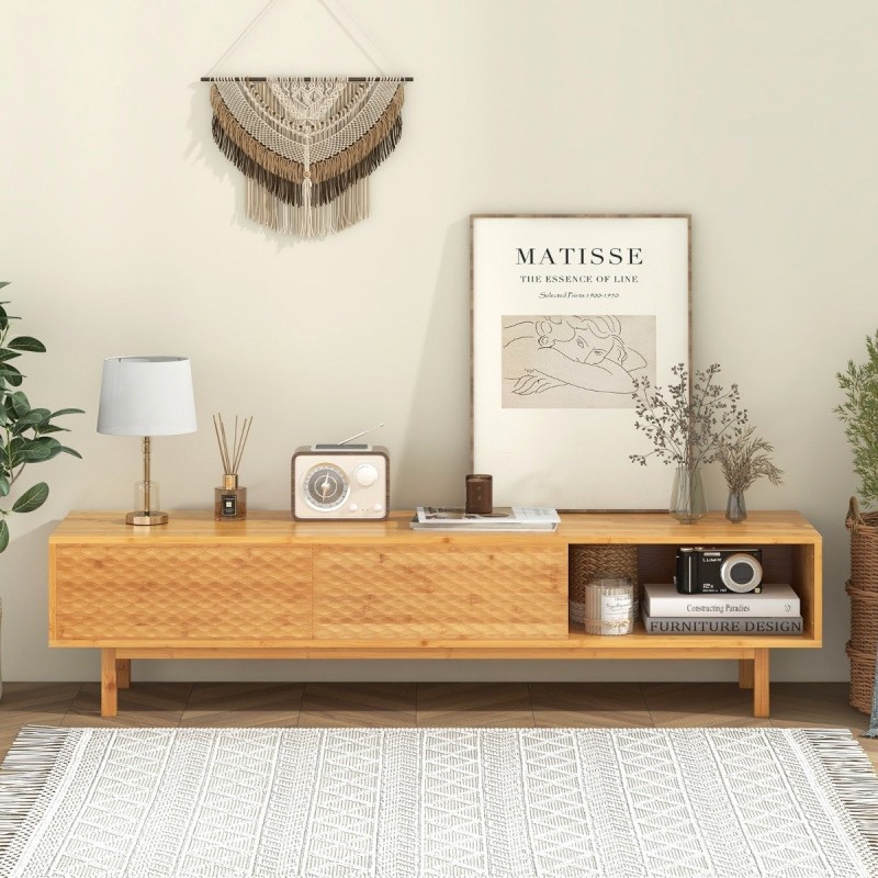 Bambusta valmistettu TV-taso liukuovilla ja säilytyslokeroilla