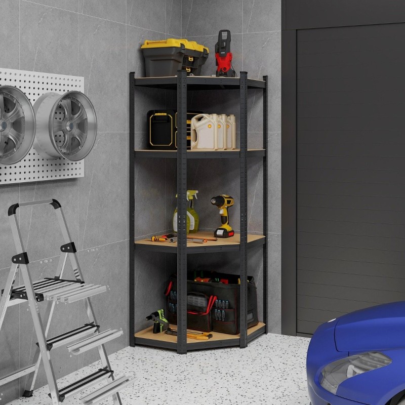 Mustavärinen raskaan sarjan 4-tasoinen kulmahyllystö varastoon