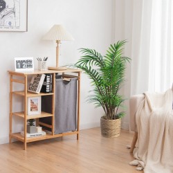 Bambuinen pyykkikori irrotettavalla pussilla ja hyllyillä luonnonväri