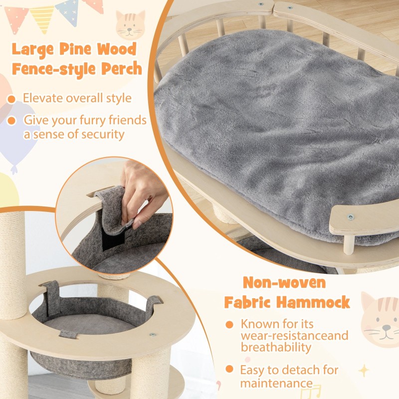 150 cm harmaa monitasoinen puinen kissatorni riippumatolla