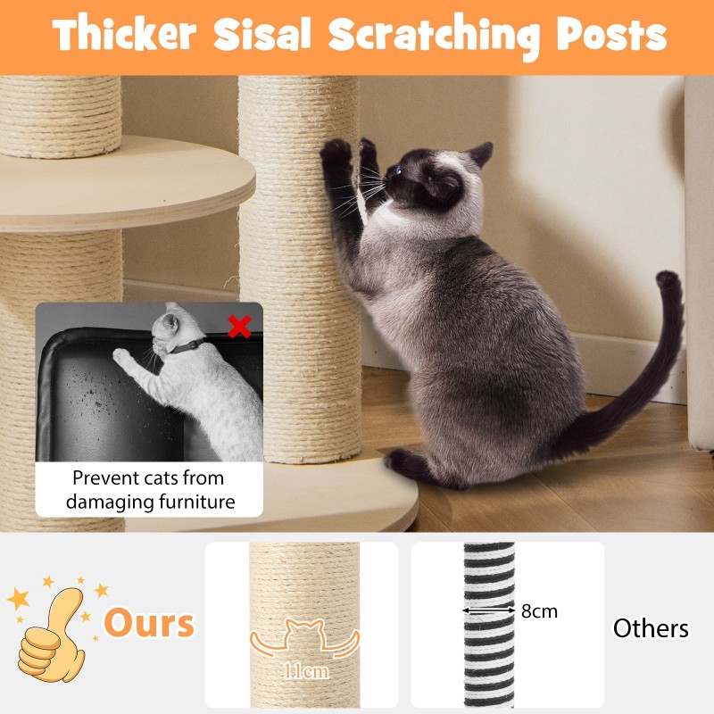 150 cm harmaa monitasoinen puinen kissatorni riippumatolla