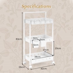 Kolmitasoinen valkoinen säilytyskärry kupeilla ja koukuilla