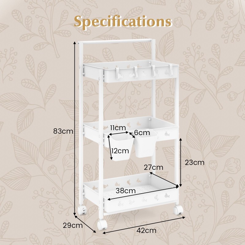 Kolmitasoinen valkoinen säilytyskärry kupeilla ja koukuilla