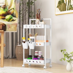 Kolmitasoinen valkoinen säilytyskärry kupeilla ja koukuilla