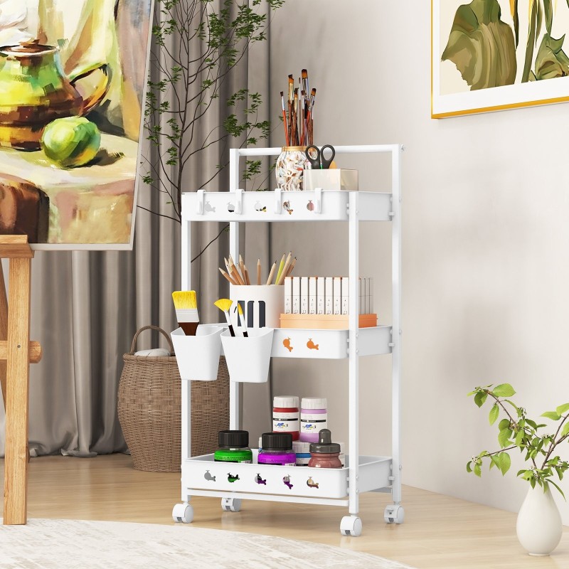 Kolmitasoinen valkoinen säilytyskärry kupeilla ja koukuilla