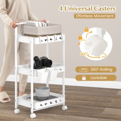 Kolmitasoinen valkoinen säilytyskärry kupeilla ja koukuilla