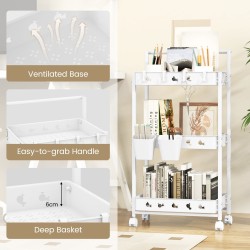 Kolmitasoinen valkoinen säilytyskärry kupeilla ja koukuilla