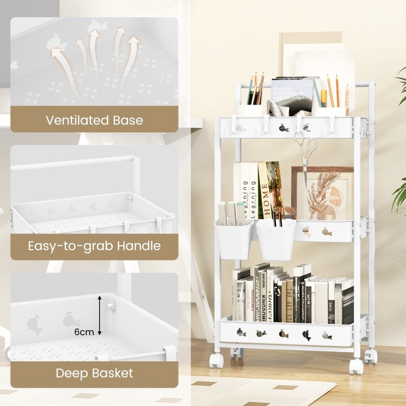 Kolmitasoinen valkoinen säilytyskärry kupeilla ja koukuilla