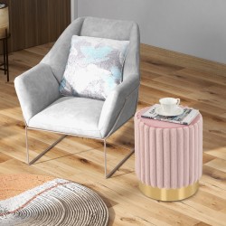 Pyöreä samettiottomaani vaaleanpunainen, pehmustettu jalkajakkara metallijalustalla