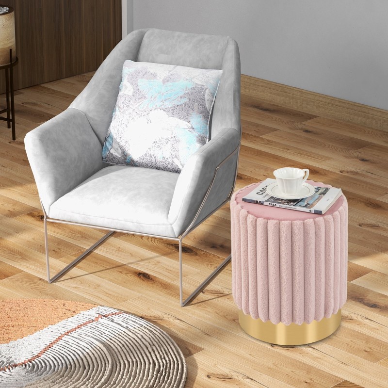 Pyöreä samettiottomaani vaaleanpunainen, pehmustettu jalkajakkara metallijalustalla