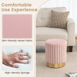 Pyöreä samettiottomaani vaaleanpunainen, pehmustettu jalkajakkara metallijalustalla