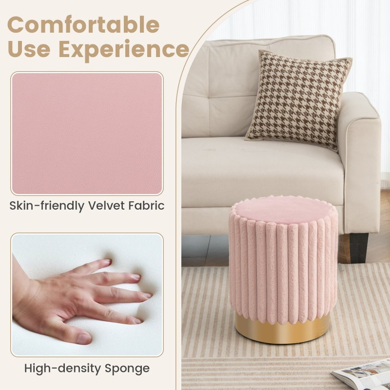 Pyöreä samettiottomaani vaaleanpunainen, pehmustettu jalkajakkara metallijalustalla