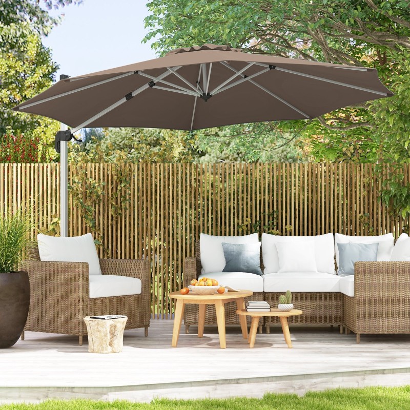 Pyöreä ruskea 325 cm aurinkovarjo 360° kääntömekanismilla