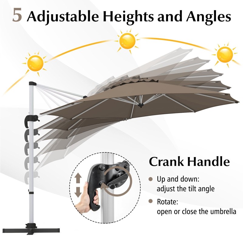 Pyöreä ruskea 325 cm aurinkovarjo 360° kääntömekanismilla