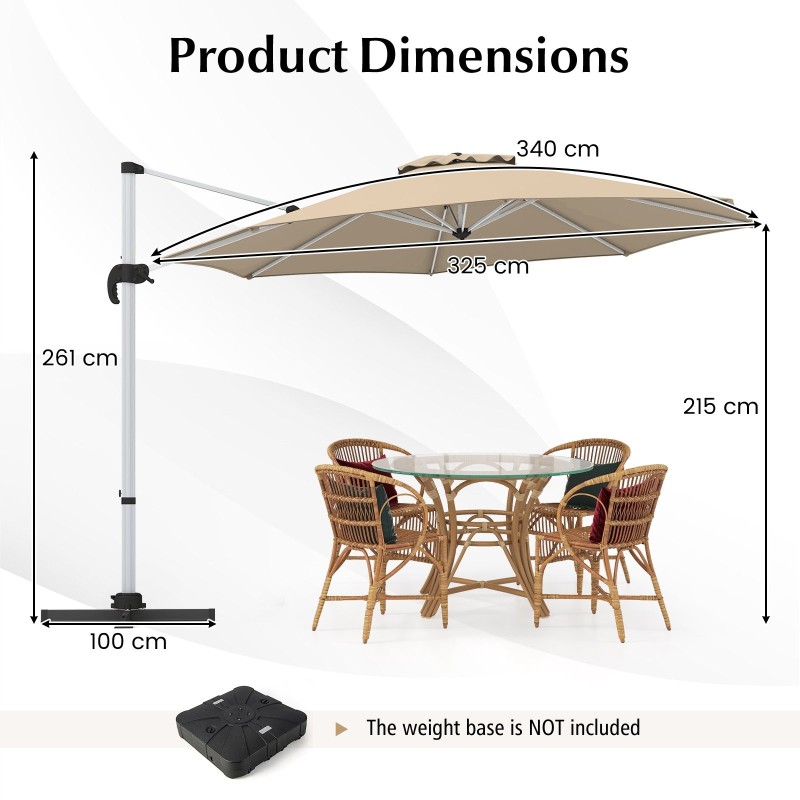 Beige 325 cm ulkopatio sateenvarjo 360° pyörityksellä