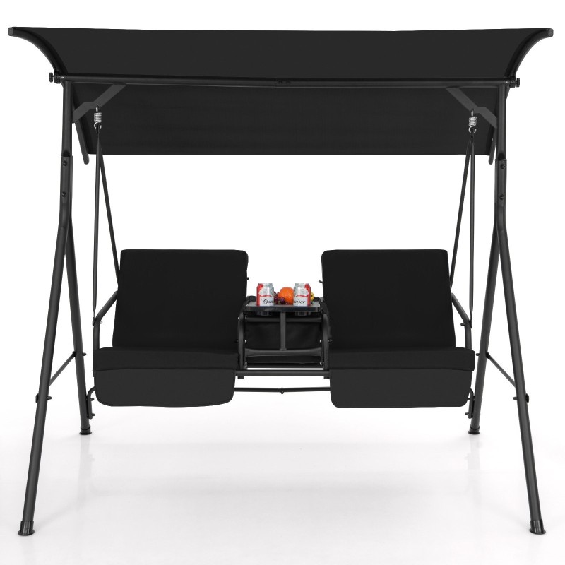 Kahden hengen musta ulkokeinu säädettävällä katoksella ja kylmälaukulla