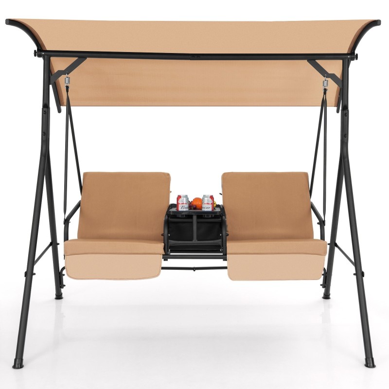 Kahden hengen ruskea ulkokeinu säädettävällä katoksella ja kylmälaukulla