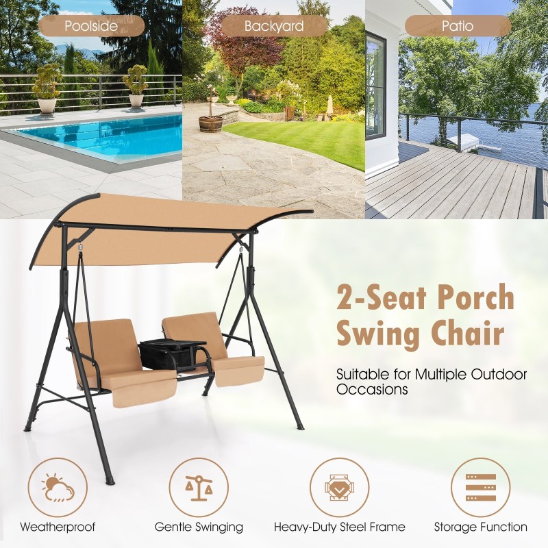 Kahden hengen ruskea ulkokeinu säädettävällä katoksella ja kylmälaukulla