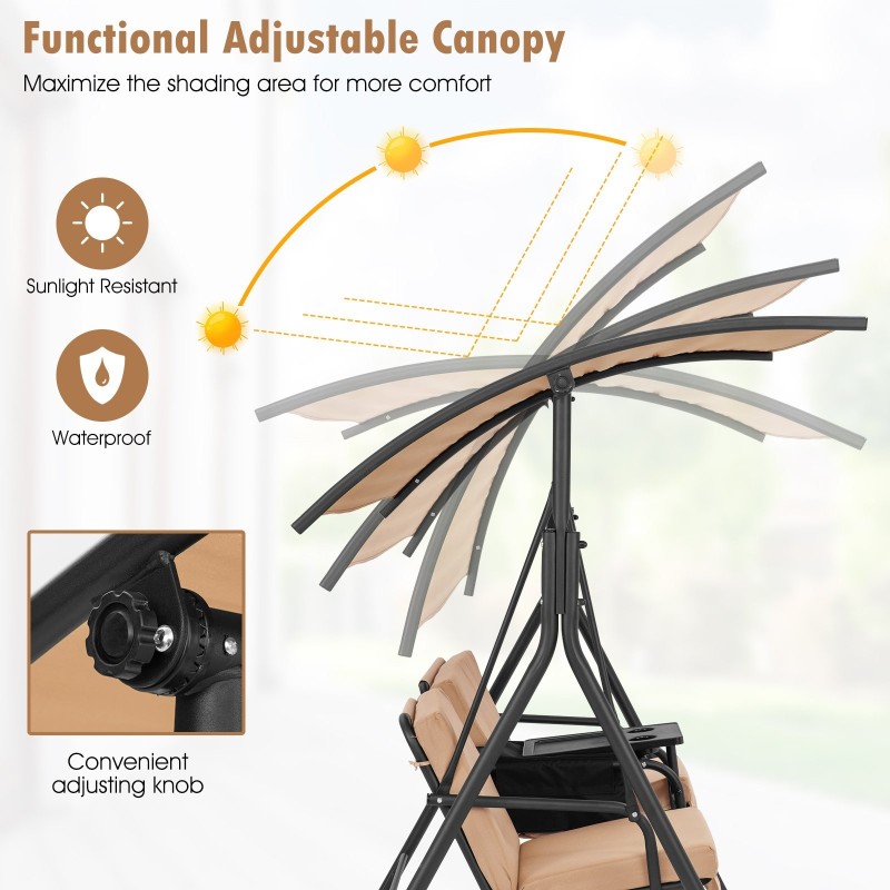 Kahden hengen ruskea ulkokeinu säädettävällä katoksella ja kylmälaukulla