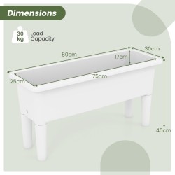 Kaksi valkoista kohotettua puutarhapenkkiä irrotettavilla jaloilla