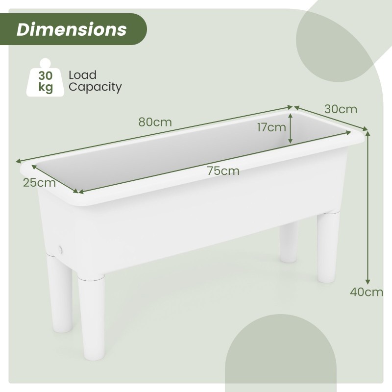 Kaksi valkoista kohotettua puutarhapenkkiä irrotettavilla jaloilla