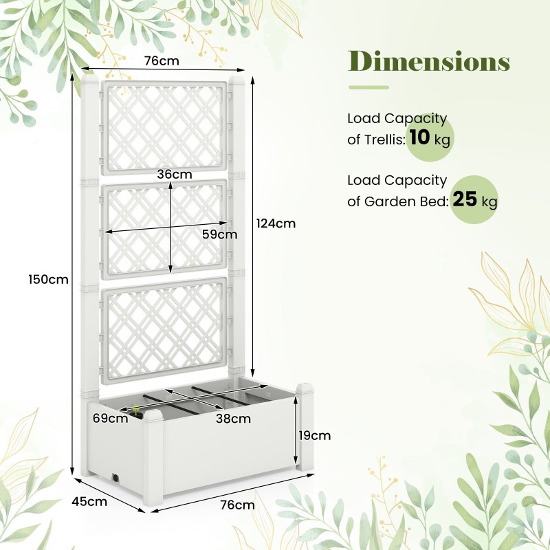 Itsekasteleva valkoinen istutuslaatikko säleiköllä kiipeilykasveille