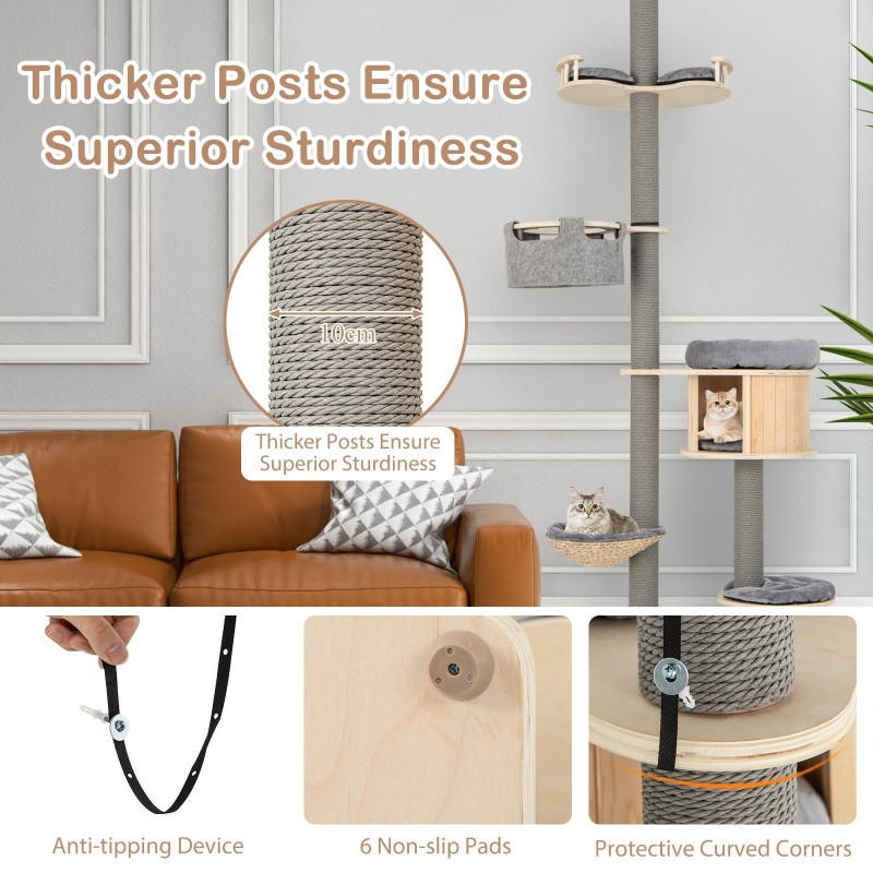 Säädettävä lattiasta kattoon kissapuu sisäkissoille harmaa