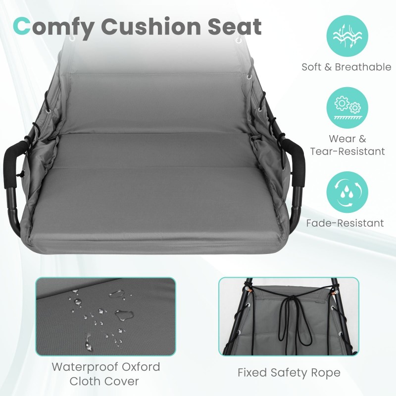 Harmaa erityisen suuri pehmustettu riippukeinutuoli metallijalustalla