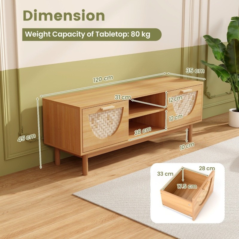 Mediakaappi bambupunoksella ja laatikoilla, luonnollinen puu