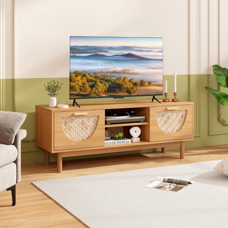 Mediakaappi bambupunoksella ja laatikoilla, luonnollinen puu