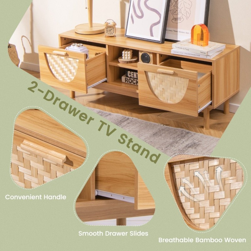 Mediakaappi bambupunoksella ja laatikoilla, luonnollinen puu