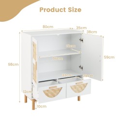 Kaksiosainen valkoinen sivukaappi bambukuvioiduilla ovilla