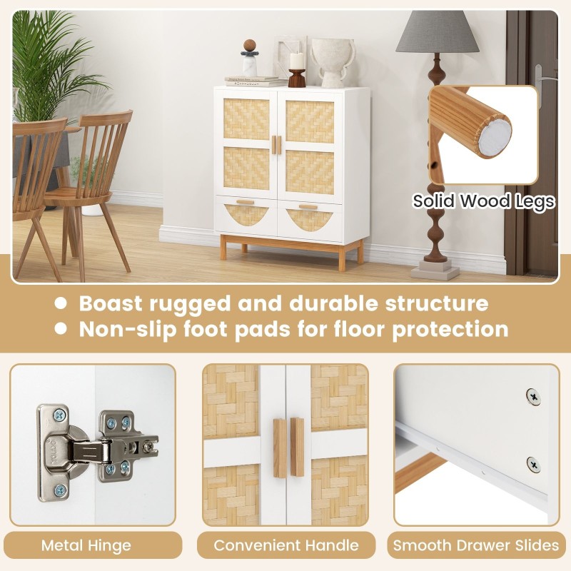 Kaksiosainen valkoinen sivukaappi bambukuvioiduilla ovilla