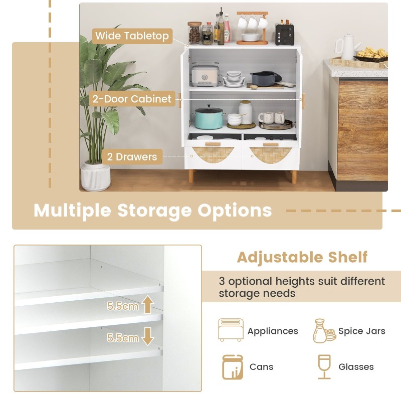 Kaksiosainen valkoinen sivukaappi bambukuvioiduilla ovilla