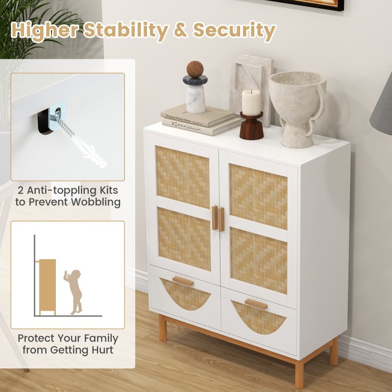 Kaksiosainen valkoinen sivukaappi bambukuvioiduilla ovilla