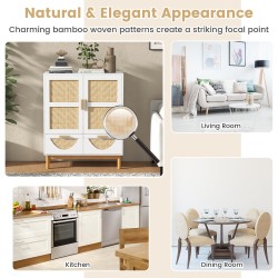 Kaksiosainen valkoinen sivukaappi bambukuvioiduilla ovilla