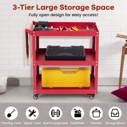 Kolmitasoinen punainen työkalukärry lukittavilla pyörillä