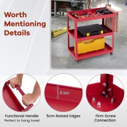 Kolmitasoinen punainen työkalukärry lukittavilla pyörillä